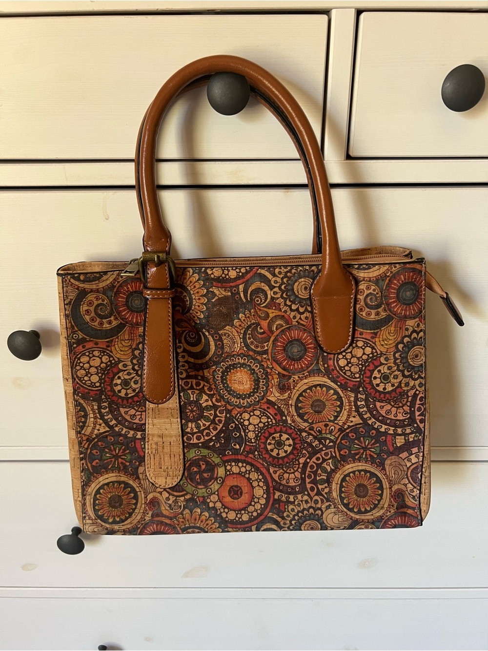 Hand Crafted Brown Floral Medallion cork tote shoulder bag